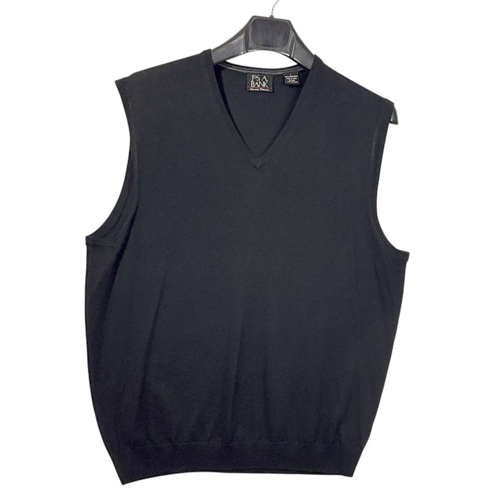 Jos A Bank 100% Merino Wool V-Neck Sweater Vest Mens Black L Classic Golf Preppy